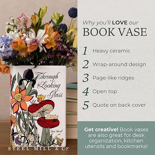 Miniatura 4 de Steel Mill & Co Original Book-Shaped Decorative Vase, Ceramic Vases for Home Decor, Cute Bookshelf Decor, Unique Vase for Book Lovers (Large -