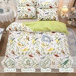 URBONUR 100% Coton Percale Couvercle de coudée Set Queen Taille 3 PCS Soft respirant Botanical Bedding Set Green Leaves and Birds Printed on White Cover, Corner Ties Button Close