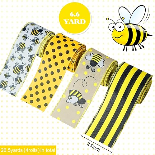 Miniatura 10 de Bee Ribbons - 6 rollos de cinta de abejorro con alambre de abejas, manualidades de 2.5 pulgadas, 40 yardas, cinta de primavera y verano, cinta de