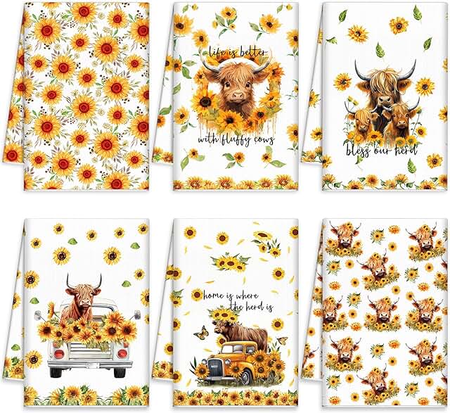 Set of 6 Highland Cattle Kitchen Towels Highland Cow Dish Towel Absorben...