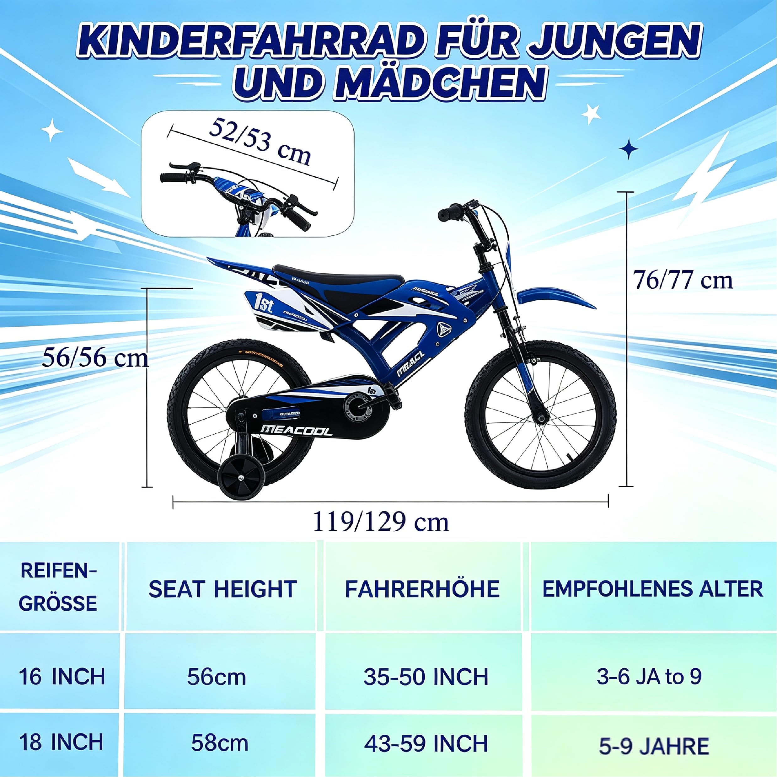 16/18 Zoll Motorrad-Stil Kinderfahrrad, Motorcross Fahrrad mit V-Brake Bremsen, Kinderfahrrad für Kinder im Alter von 4-9 Jahren mit Stützrädern und Schutzblech, 90% Vormontiert