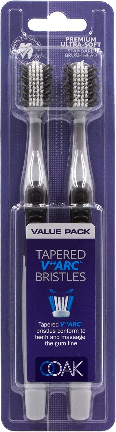 Ooak Toothbrush, Tapered V++Arc Bristles, 2 Pack Silver/Black