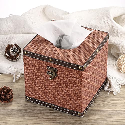 Miniatura 8 de Funda cuadrada para caja de pañuelos, soporte de pañuelos de madera retro con diseño de grano de trigo, dispensador de pañuelos decorativos con tapa