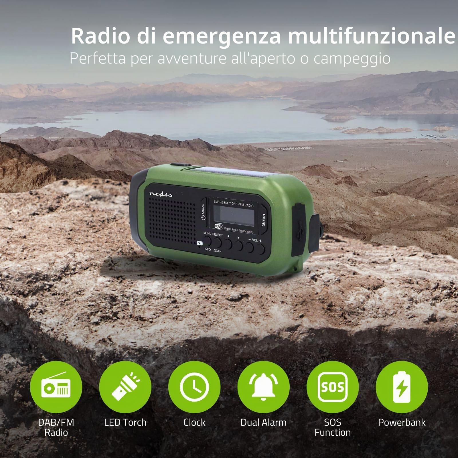 Radio di emergenza – Versione portatile – DAB+ / FM – Funzionamento a batteria/manovella/alimentazione solare/alimentazione tramite USB – Sveglia – Verde/Nero