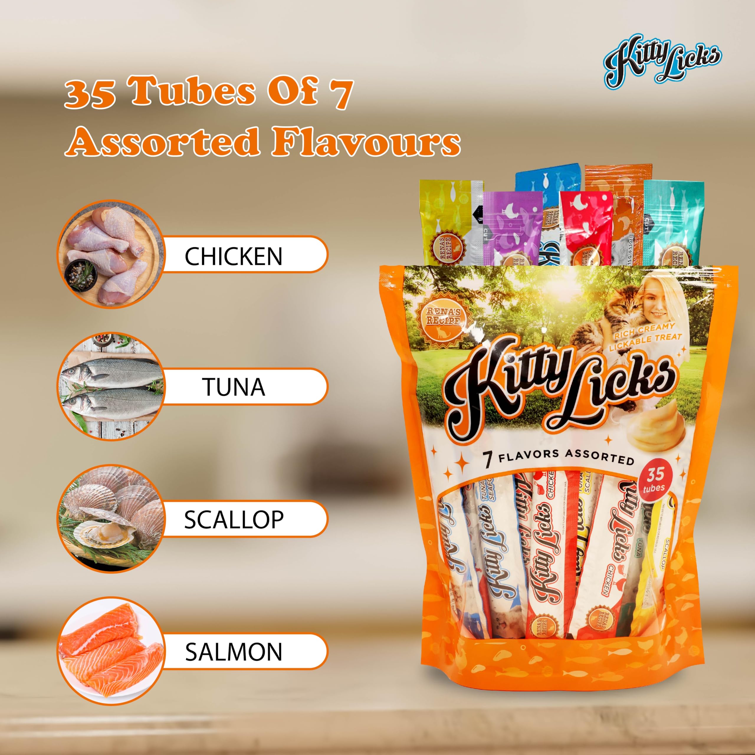 Rena Kitty Licks Creamy Cat Treats 30 Tubes | 7 Assorted Chicken, Tuna & Seafood Flavours | Lickable Puree Treats for Cats & Kittens | Nutritious, Hydrating & Tasty Cat Snack
