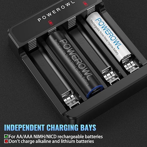 Miniatura 3 de POWEROWL Cargador de batería AA AAA de 4 ranuras, carga rápida USB, ranura independiente, para baterías recargables Ni-MH Ni-CD, sin adaptador