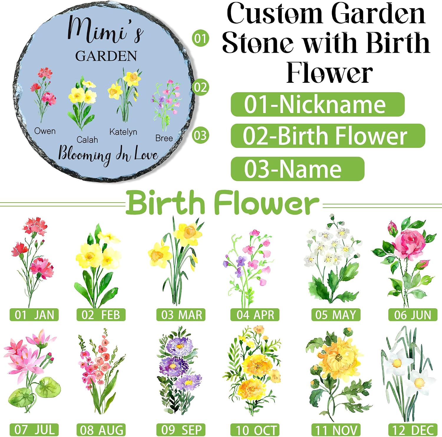 Personalized Garden Stones, Personalized Gifts for Mimi, Mothers Day Personalized Gifts, Birth Flower Gifts for Women, Mom Gifts, Grandma Gifts for Birthday, Christmas