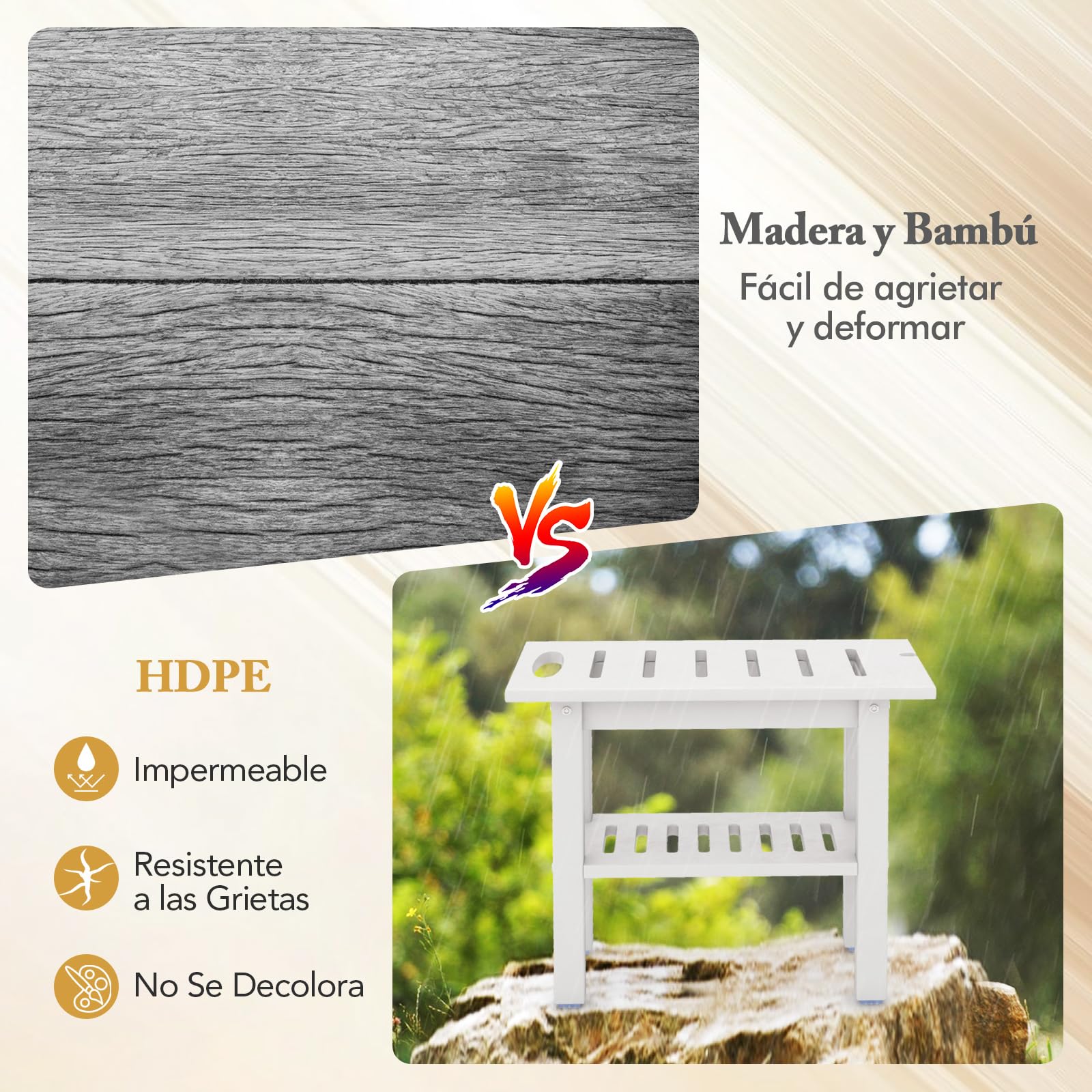 COSTWAY Taburete de Ducha, Banco de Ducha Impermeable de Baño con Estante de Almacenamiento de Madera, Asiento Bañera Adulto para Ducha para Uso en Interiores y Exteriores