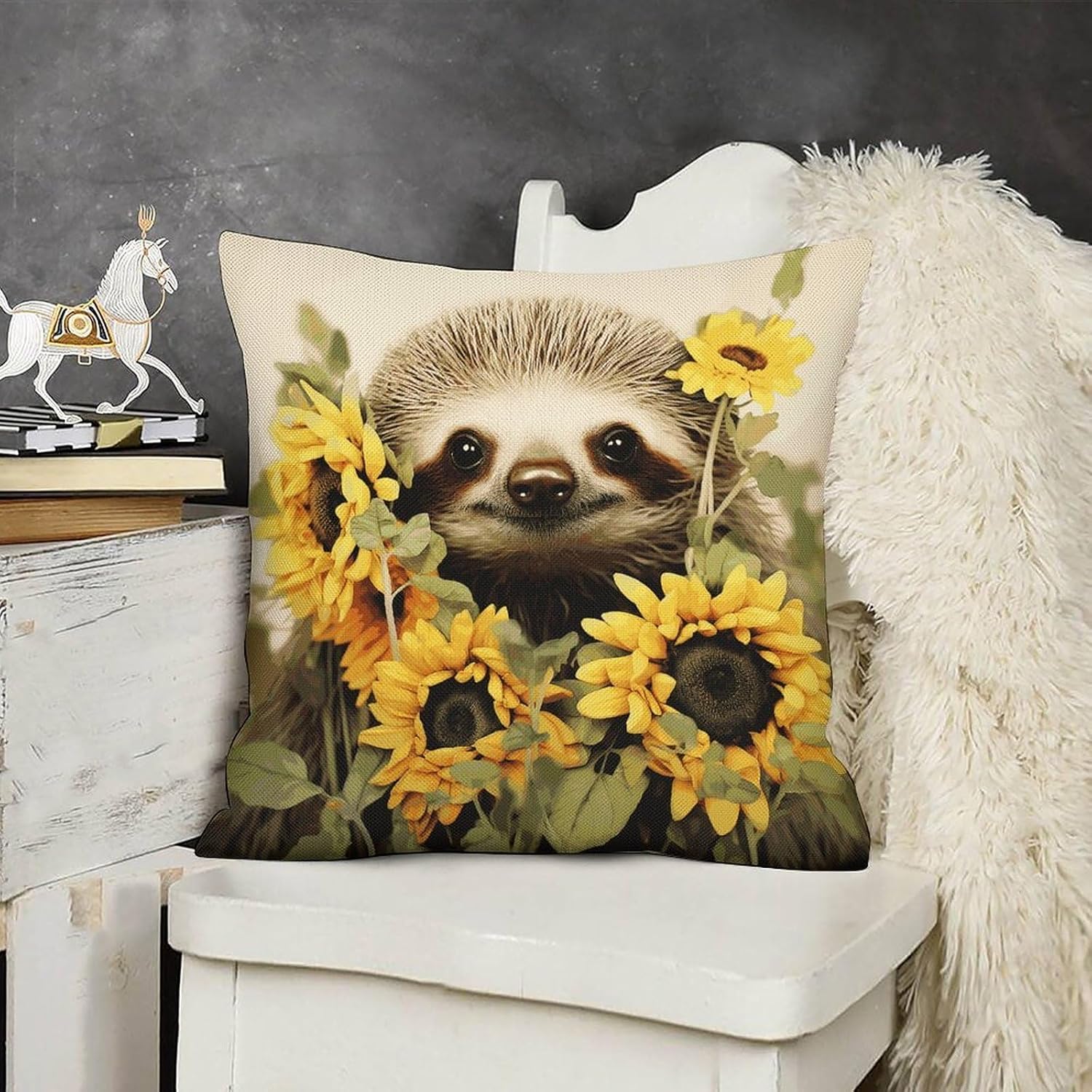 Sloth Sunflower Pillow Protectors Cute Waterproof Pillow Cover Soft Skin-Friendly Cushion Case Decorative Square Cushion Cover for Couch Sofa Bed Living Room Bedroom
