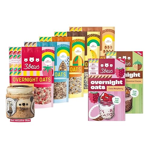 3Bears Overnight Oats Lover-Set inkl. Bären Glas, 7x400g vegane Porridgemischung, Sorten Himbeere, Haselnuss, Erdbeere, Mango, Koko Kakao, Eiskaffee und Bananen Split, ohne Industriezucker - Alle Sorten + Bären Glas