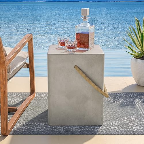 COSIEST Mesa auxiliar de hormigón, mesa auxiliar rectangular para exteriores con asas de cuerda de cáñamo, mesa auxiliar de patio de 15 pulgadas,