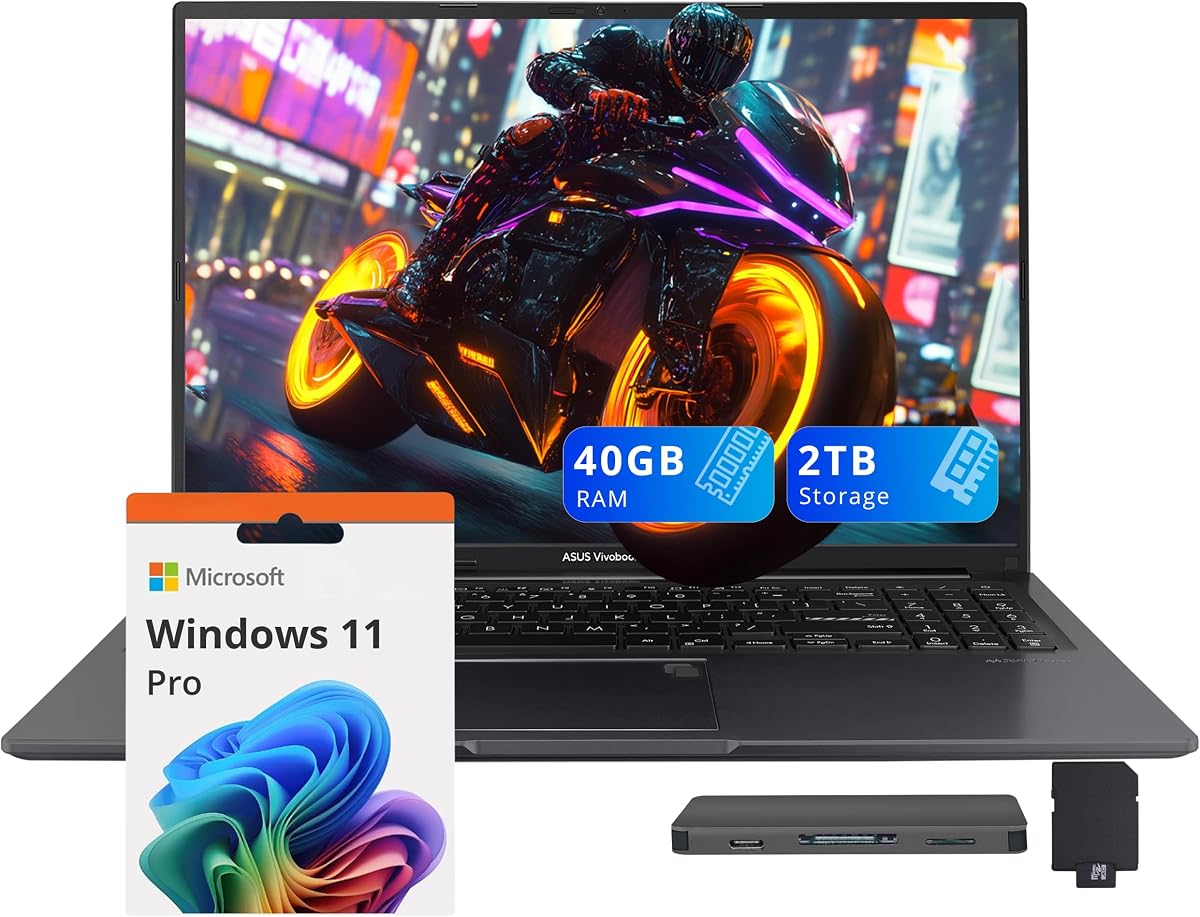 Portátil ASUS Vivobook WUXGA de 16", Intel Core i7-1355U, 40 GB de RAM, 2 TB de almacenamiento (1 TB SSD + 1 TB de estación de acoplamiento), gráficos Iris Xe, teclado retroiluminado, teclado numérico, huella digital, cámara web, Win 11 Pro, negro