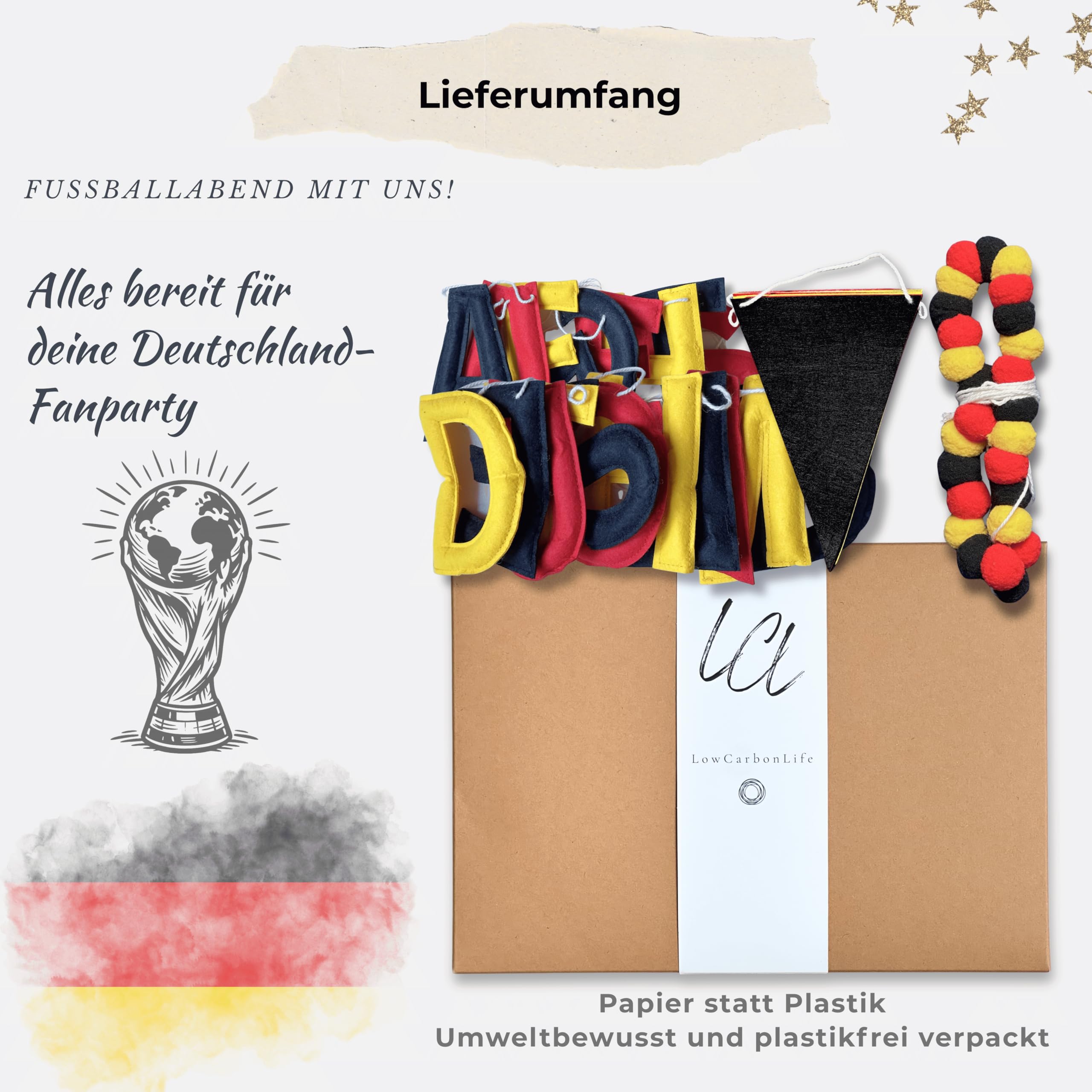 Auf geht’s Deutschland Fan Girlande aus Filz, 3-teiliges Fußball Deko Set | Vorgefädelt & sofort aufhängbar, mit Wimpelkette und Filzkugeln – Fußball PartyDeko für WM-Abend, Garten, Bar & Fanbereich