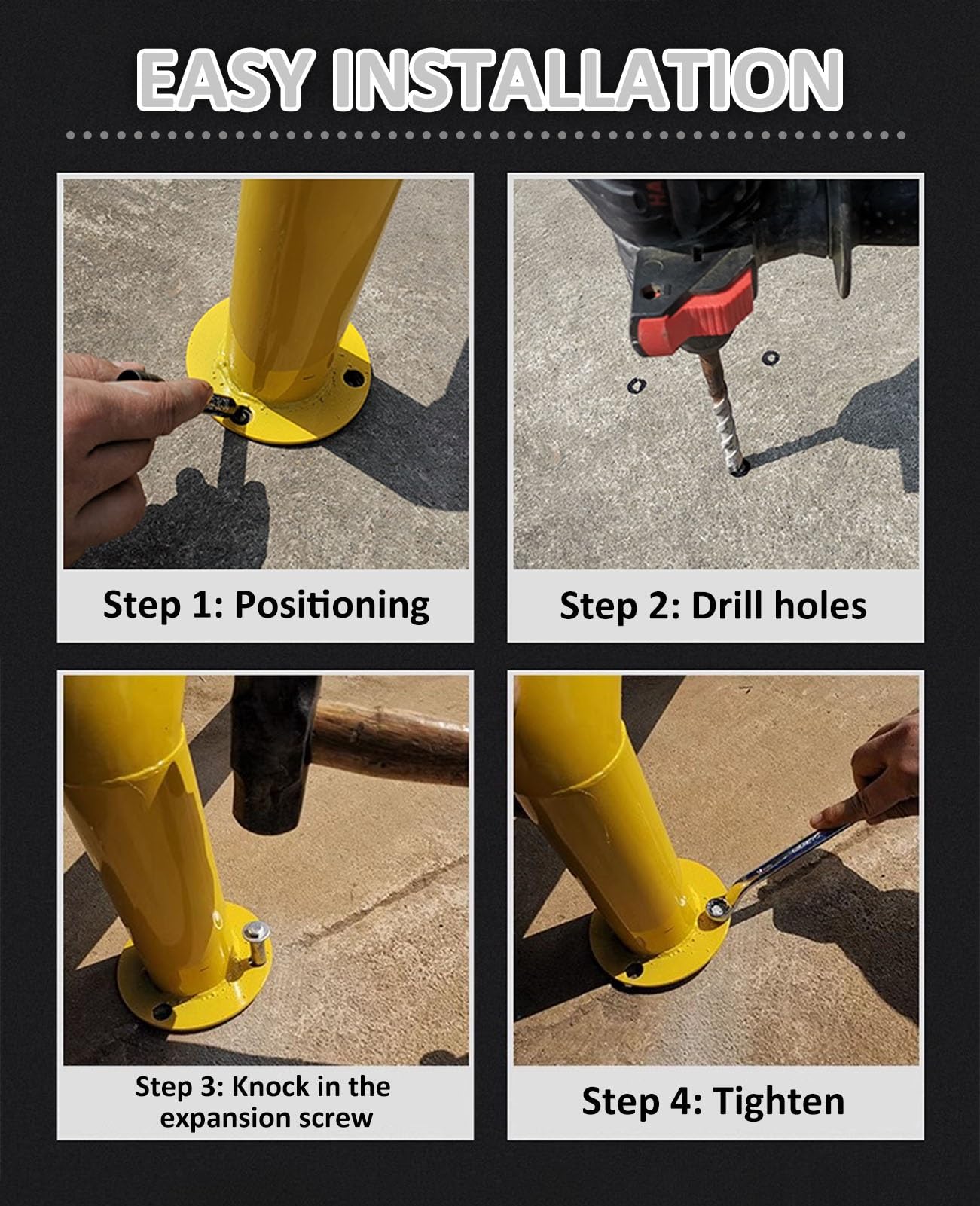 Paletto di sicurezza in acciaio per parcheggio, barriera di parcheggio per esterni resistente alle intemperie con bulloni di ancoraggio, lunga durata, 3 pezzi 100x20 cm/39,37x7,87 pollici