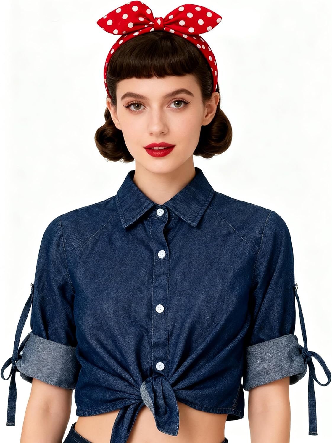 Women's Denim Crop Top with Red Polka Dot Bow headbands for Halloween Costume Cosplay Outfit Blue Medium