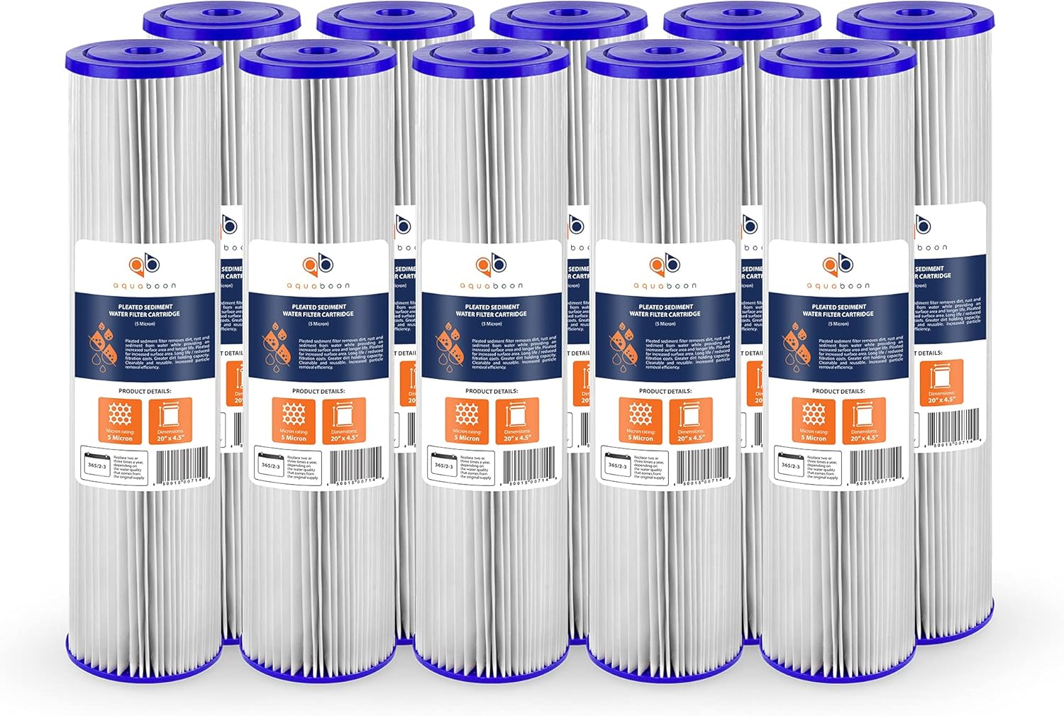 Aquaboon Whole House Sediment Water Filter - 4.5 x 20 Water Filter - 5 Micron Pleated Whole House Water Filter Cartridge Compatible w/AquaPure AP810 2, Pentek ECP5-BB, Hydronix SPC-45-1005 (10 Pack)