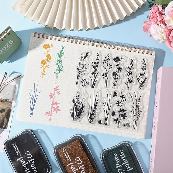 GLOBLELAND Flowers Grass Reeds Clear Stamps for DIY Scrapbooking Wildflowers Silicone Stamp Seals 5.9x5.9inch Transparent Stamps for Cards Making Journal Decoration