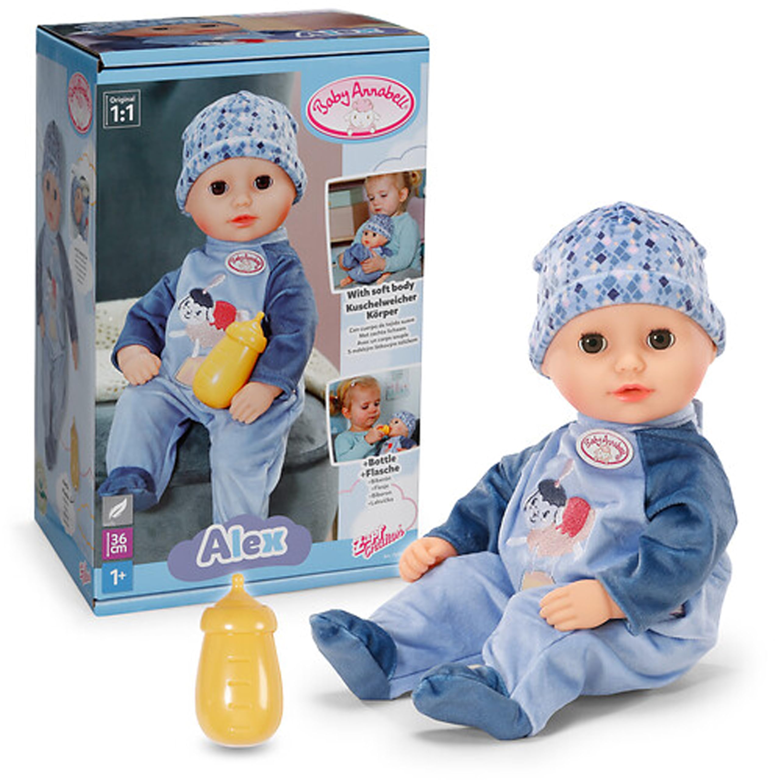 Baby Annabell Alex soft 36cm baby doll with Sleeping Eyes - Incl. bottle, hat & romper - First doll suitable for Children Aged 1+