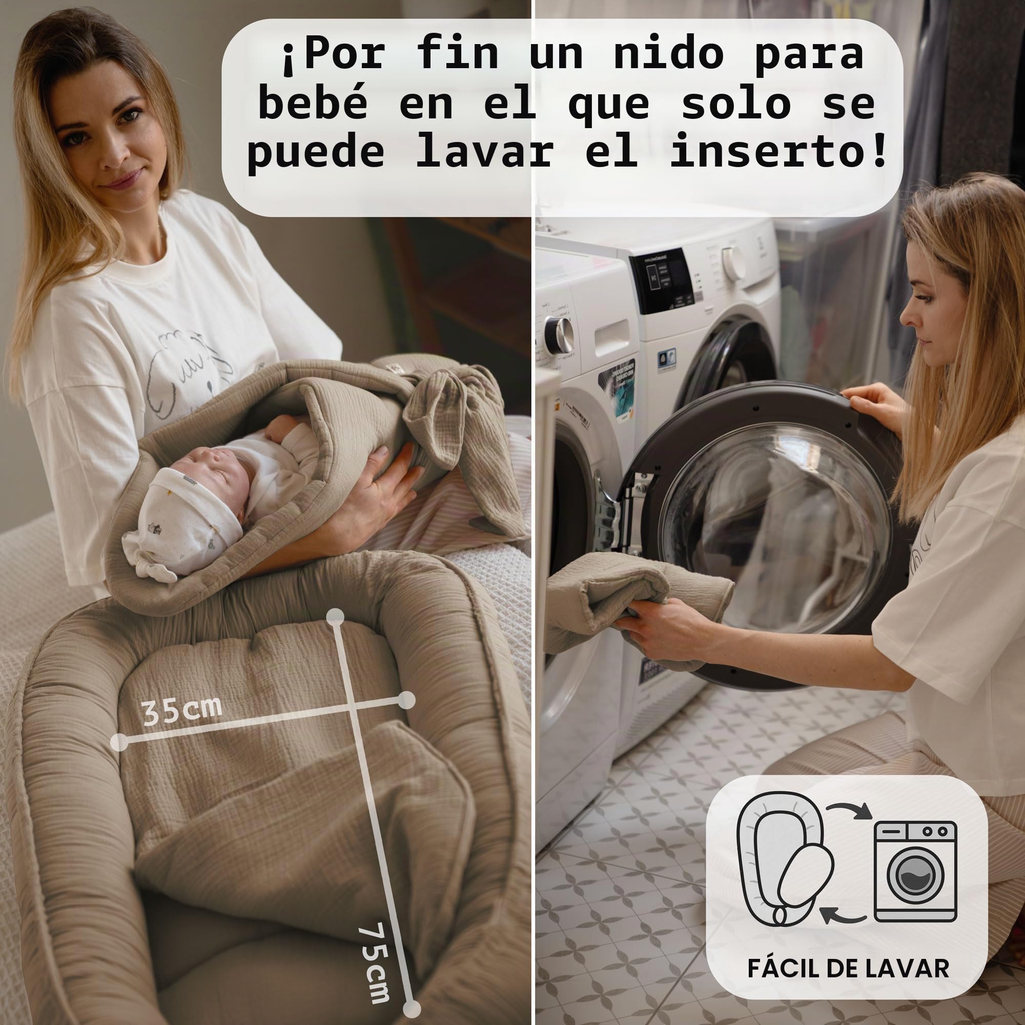 PaLulli® Nido de bebé 100x60 cm – Suave nido de muselina con colchón | Nido para dormir, capullo, cuna de viaje para recién nacidos | 100% algodón (Marrón)