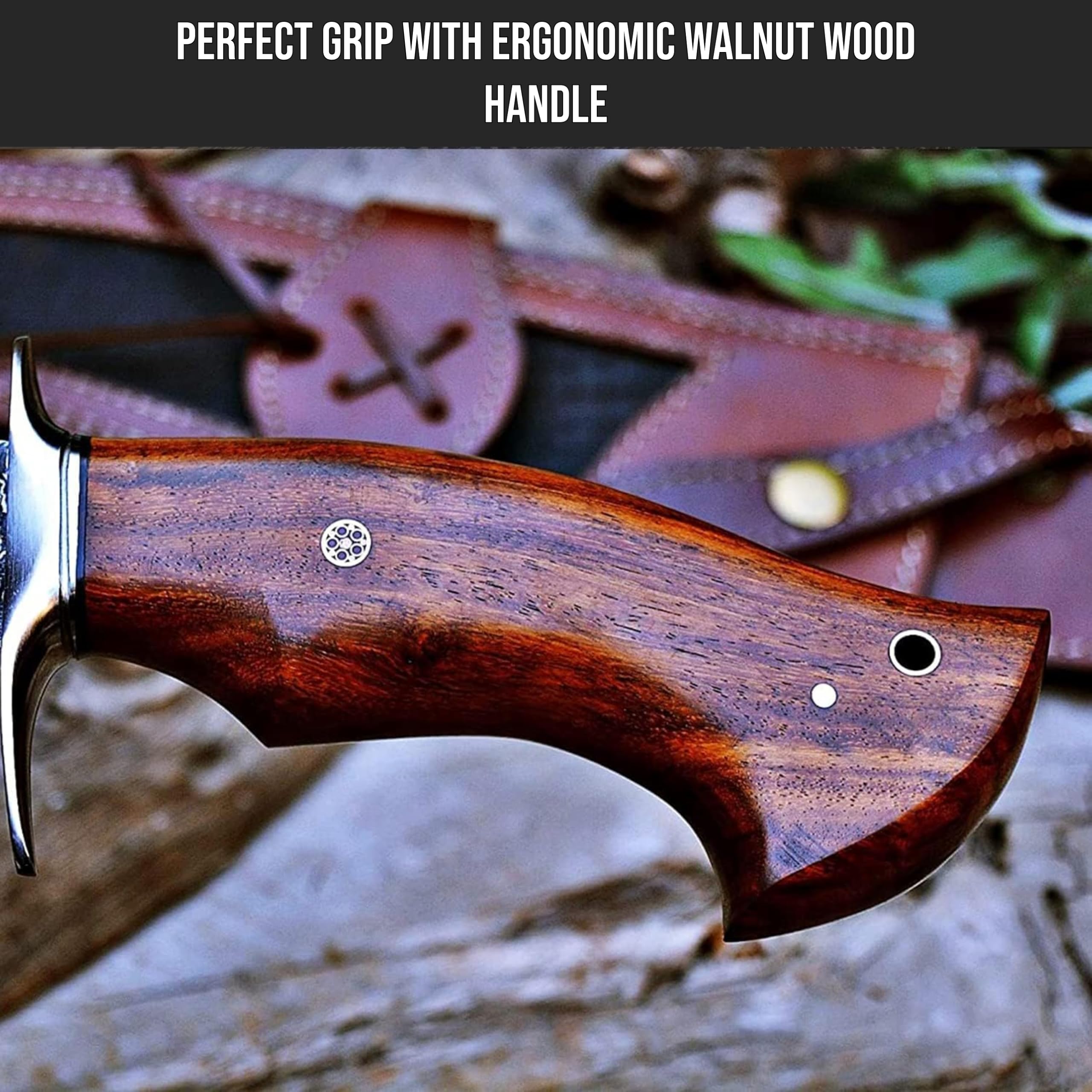 BIGCAT ROAR Cuchillo de caza de Damasco hecho a mano - 38 cm Hoja fija con funda y mango de nogal