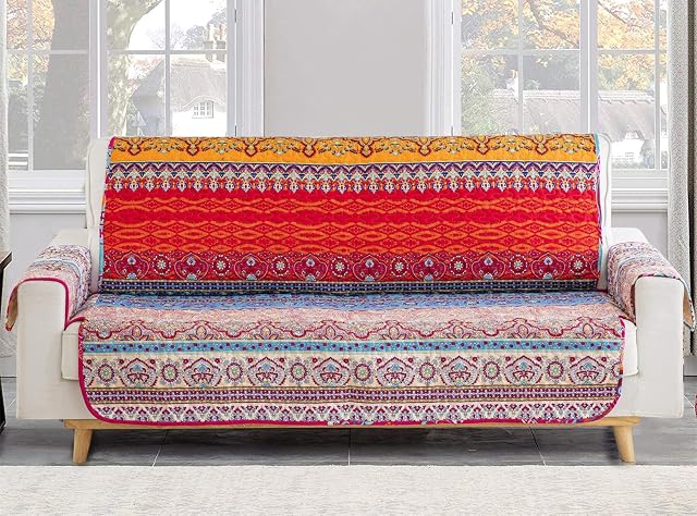 Flower Furniture Protector with Non-Slip particles,Bohemian Sofa Cover Slipcover with Strap Seat for Pets Kids,100% Microfiber Sofa Protector with Strap Seat,2 Seater (sitting area 116cm)