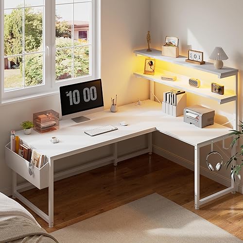 Miniatura 2 de Escritorio para computadora en forma de L con luz LED y toma de corriente, escritorio reversible en forma de L de 43.3 pulgadas para juegos con