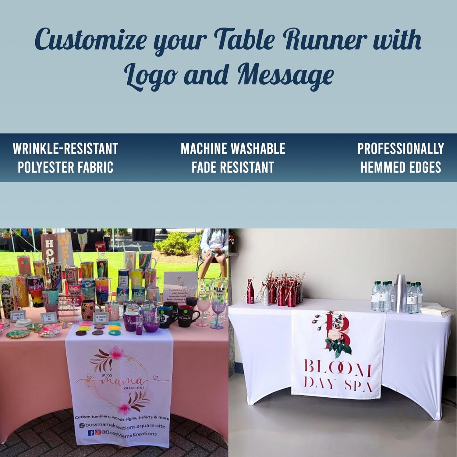 Table Runner, Tablecloth Table Cover, Custom with Your Design Image Logo Text Sign for Indoor Outdoor Business Show 24” x 72 “, Multicolor- Next Day Shipping