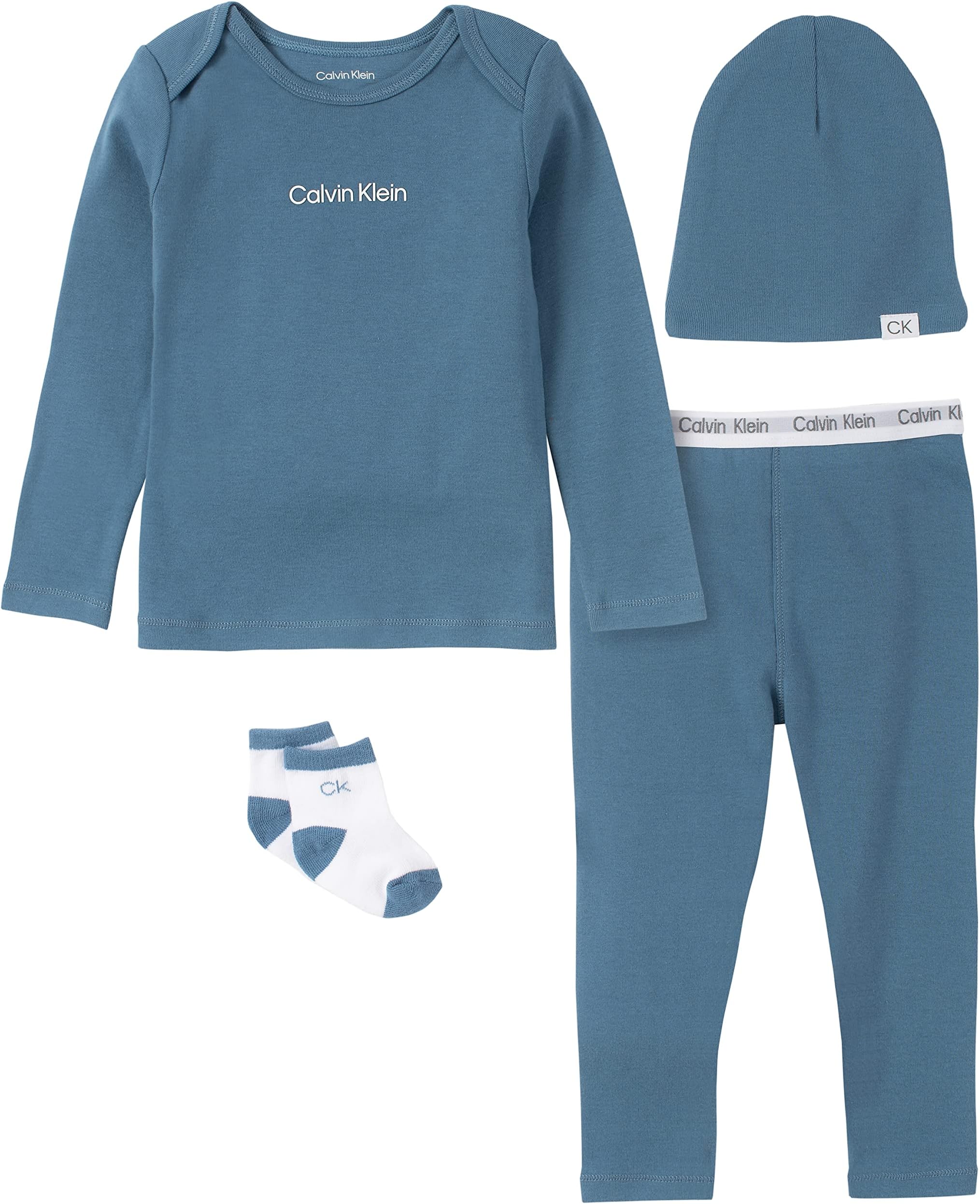 Calvin Klein Baby Boys 4-piece Set With Long Sleeve Tee & Pants, Ultra-soft Beanie & Socks Included 4 Piece Essentials Set, Coronet Blue
