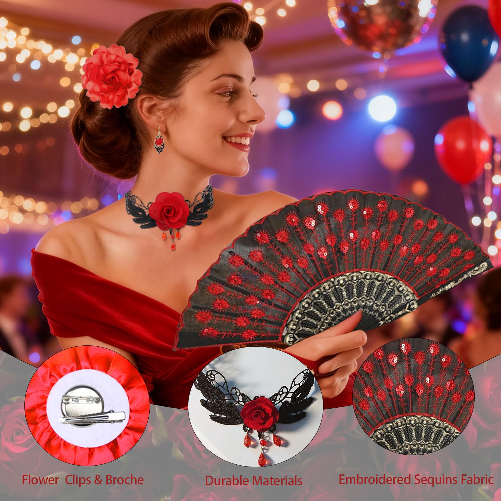 FOUNSHO 4PCS Rose Flower Flamenco Accessories for Women Embroidered Sequins Folding Fan Choker Earrings Red Rose Flower Hair Clip Spanish Dancer Costume For Ladies 1920s Fancy Dress Halloween (Red) - Image 4
