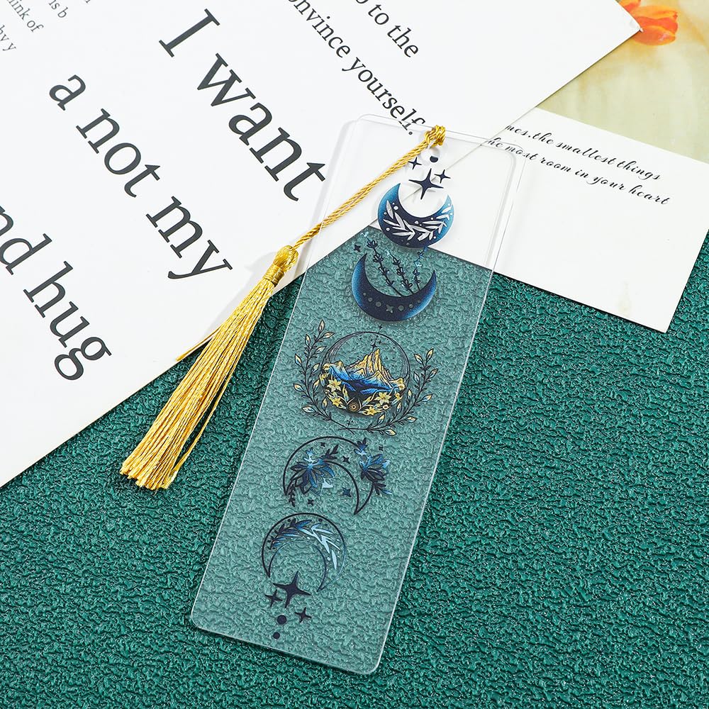 1Pc Art Moon Bookmarks for Bookworms Women Book Lovers - Acrylic Book Accessories Yellow Tassel Flowers, Reading Markers for Family Collection Book