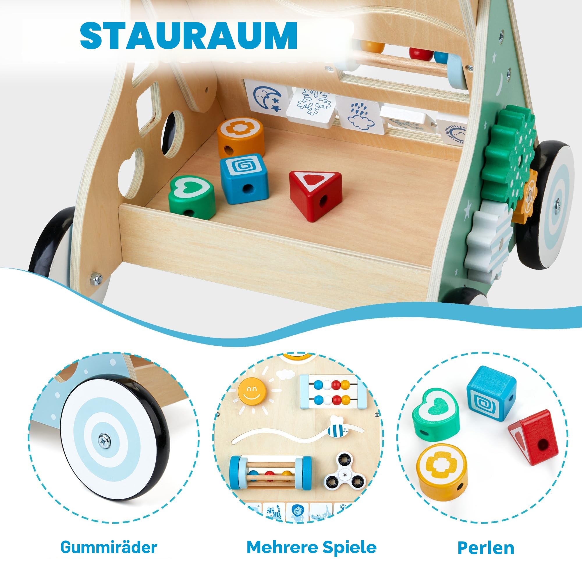 Lauflernwagen Holz 10 in 1 Verwendung als Laufwagen Baby Lauflernhilfe Holz mit gummierten Holzrädern und Activity Center Gehfrei Lauflernhilfe Baby Spielzeug für Jungen und Mädchen
