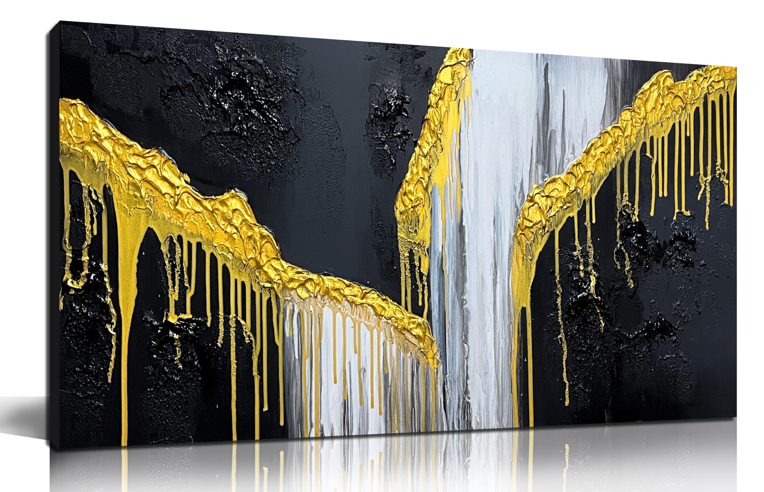 CANEITO Abstract Waterfall Canvas Wall Art for Living Room, Gold Black and White Wall-Decor for Bedroom, Modern Thick Textured Landscape Paintings for