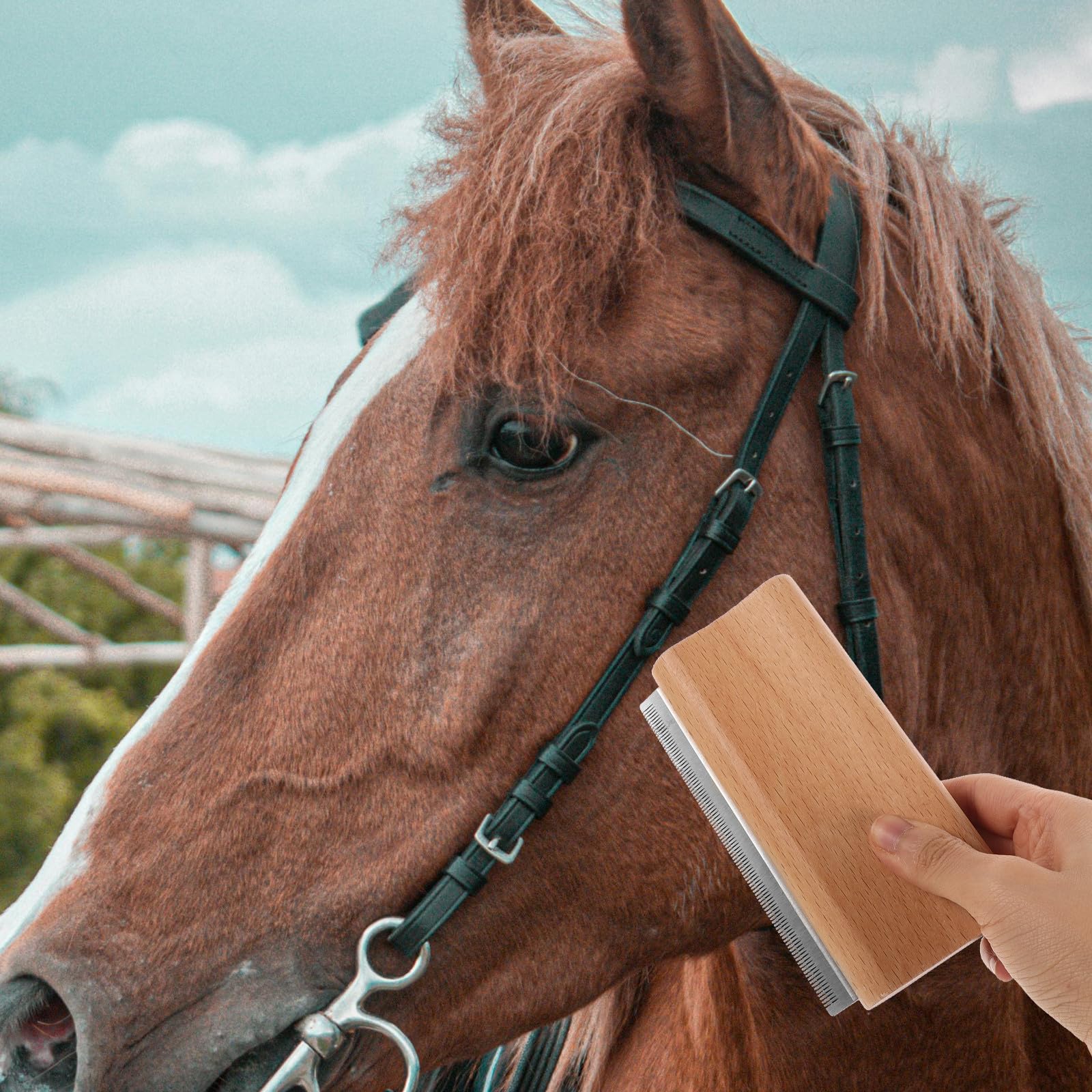 Kisangel Cepillo de Aseo Ergonómico para Mascotas, Raspador de Pelo de Caballo y Perro Mango de Madera y Acero Inoxidable para Limpieza — view 5