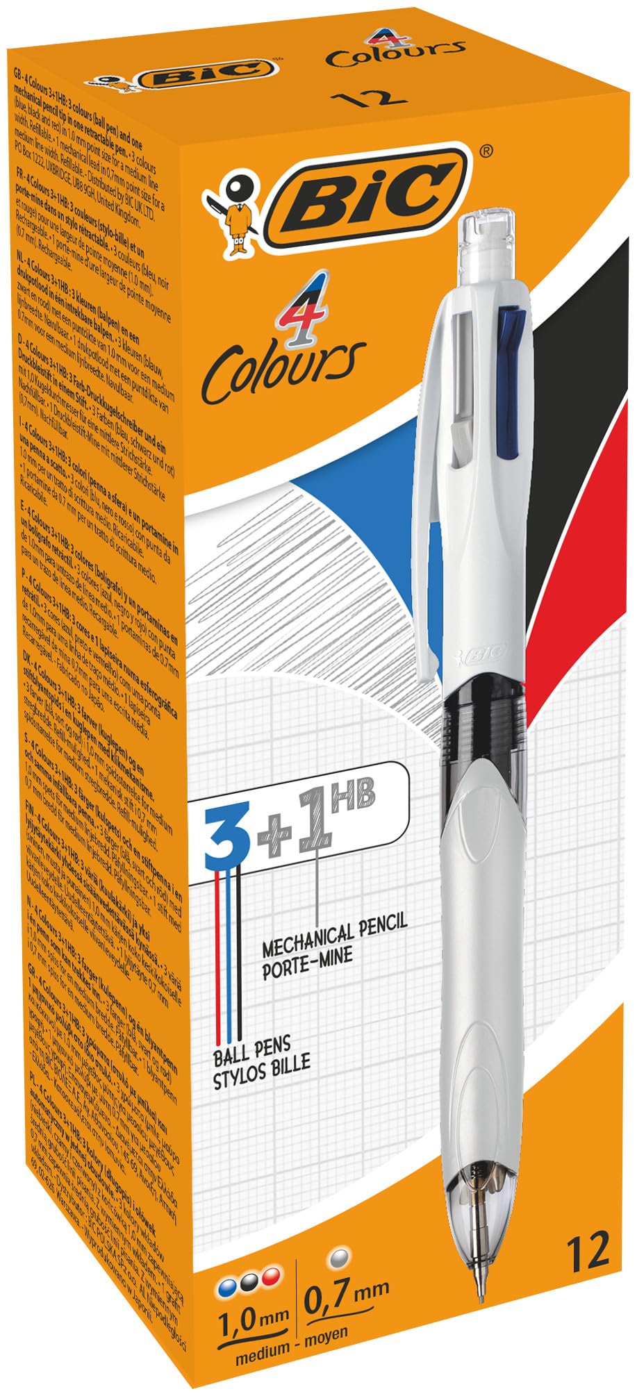 BIC 4 Colori, Penne Multicolore con Matita Grafite, Set 12 Penne a Sfera a Scatto con 3 inchiostri (nero, blu, rosso) e 1 Matita Meccanica HB, Cancelleria Ufficio