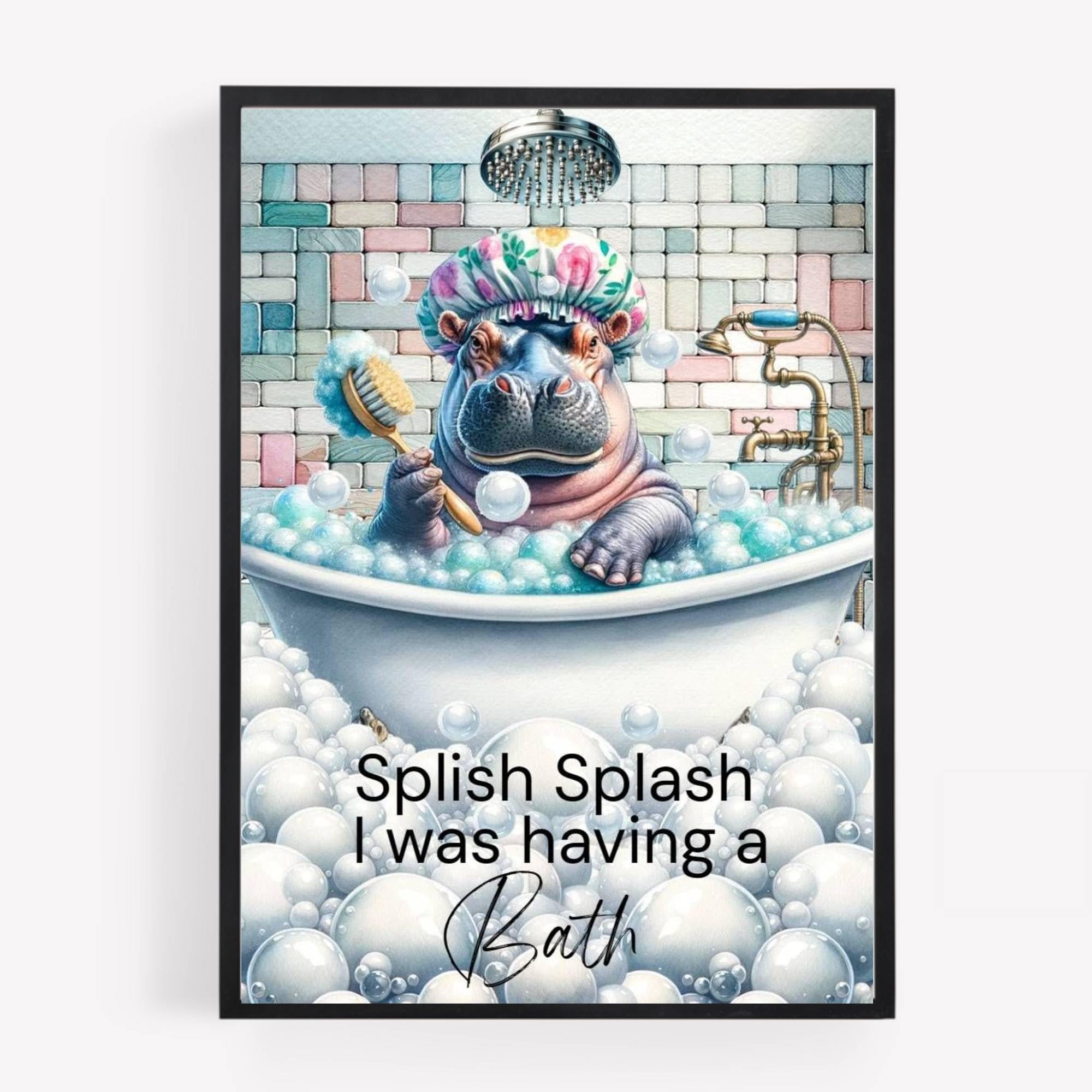 Gfc Black White Funny Bathroom Hippo Hippopotamus In Bath Print Picture Poster Splish Splash Taking A Bubble Bath A4 Unframed Wall Art Home Decor Decorating Gift Cute