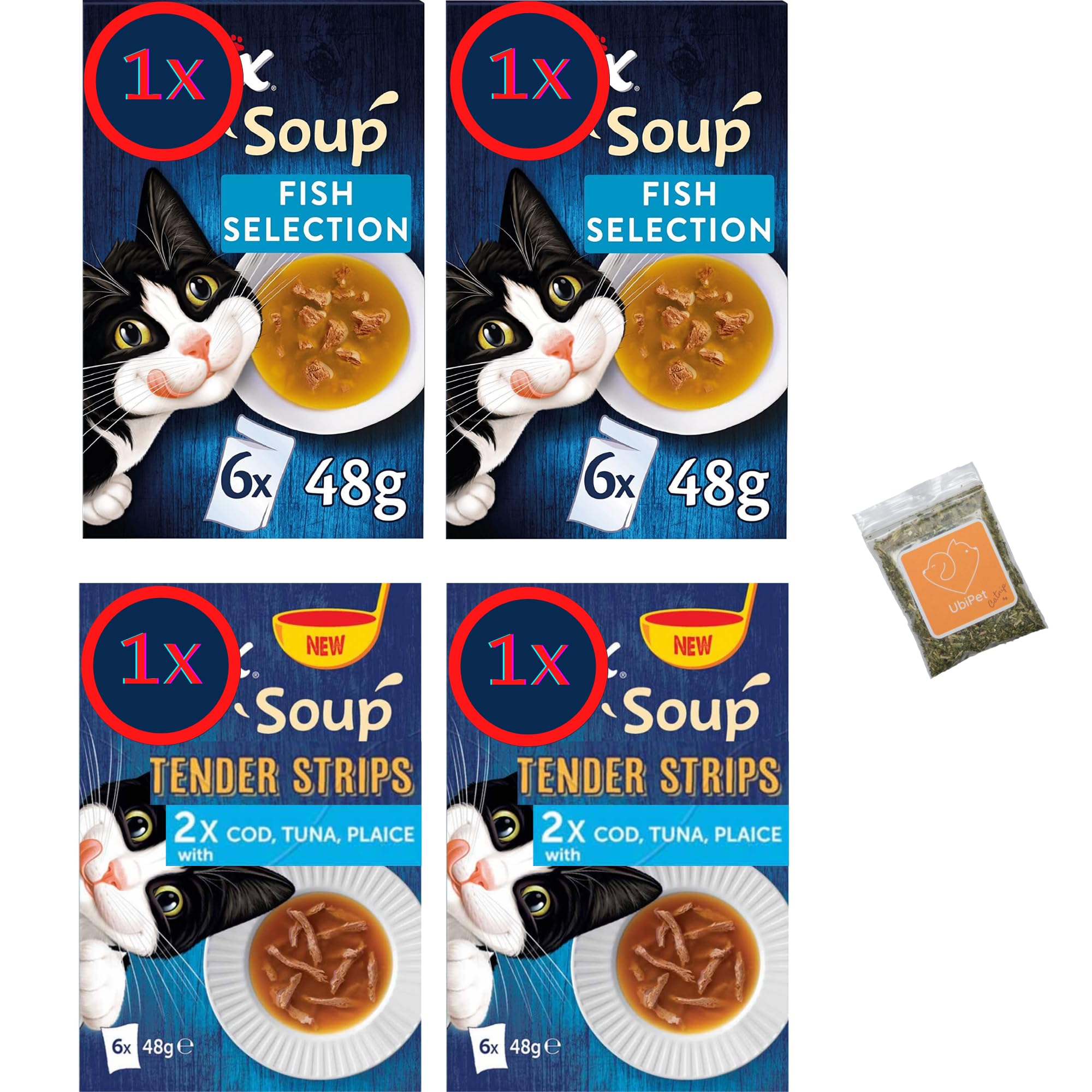 Adult Wet Cat Soup Bundle With Fish Selection Pack Of 4 (24 x 48g Pouches) and a sample of UbiPet Catnip
