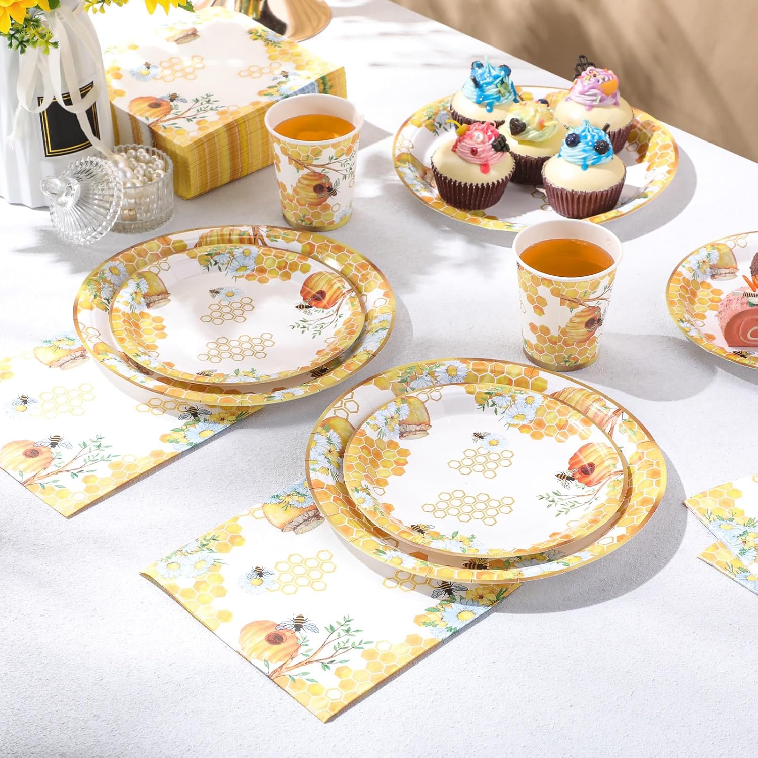 Pickmesh 250 Pcs Bee Party Disposable Tableware Set Paper Plates and Napkins Cups Supplies Tea Party Theme Dinner Dinnerware for Birthday Bridal Baby Shower wedding Decoration Serves 50