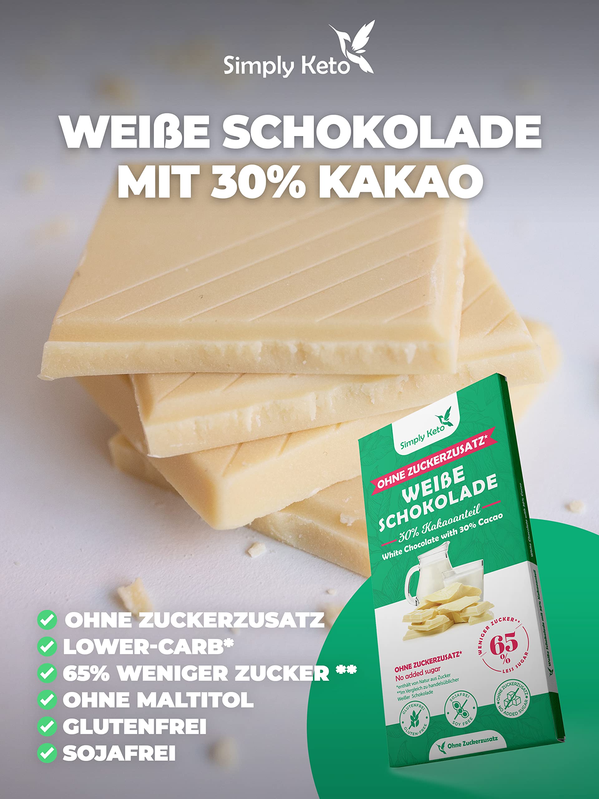 Simply Keto Zuckerreduzierte Weiße Lower Carb Schokolade 65% weniger Zucker Glutenfrei 12 x 100g