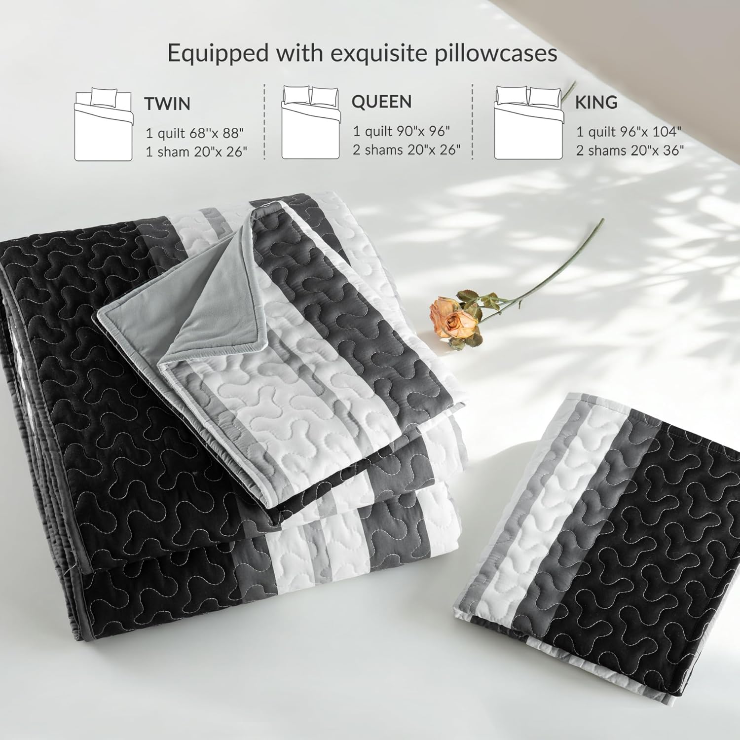 Whale Flotilla King Size Quilt Set - Reversible Black Quilt King Size with 2 Pillow Shams, Lightweight Boho Striped Oversized Bedspreads Coverlet Bedding Set for All Seasons