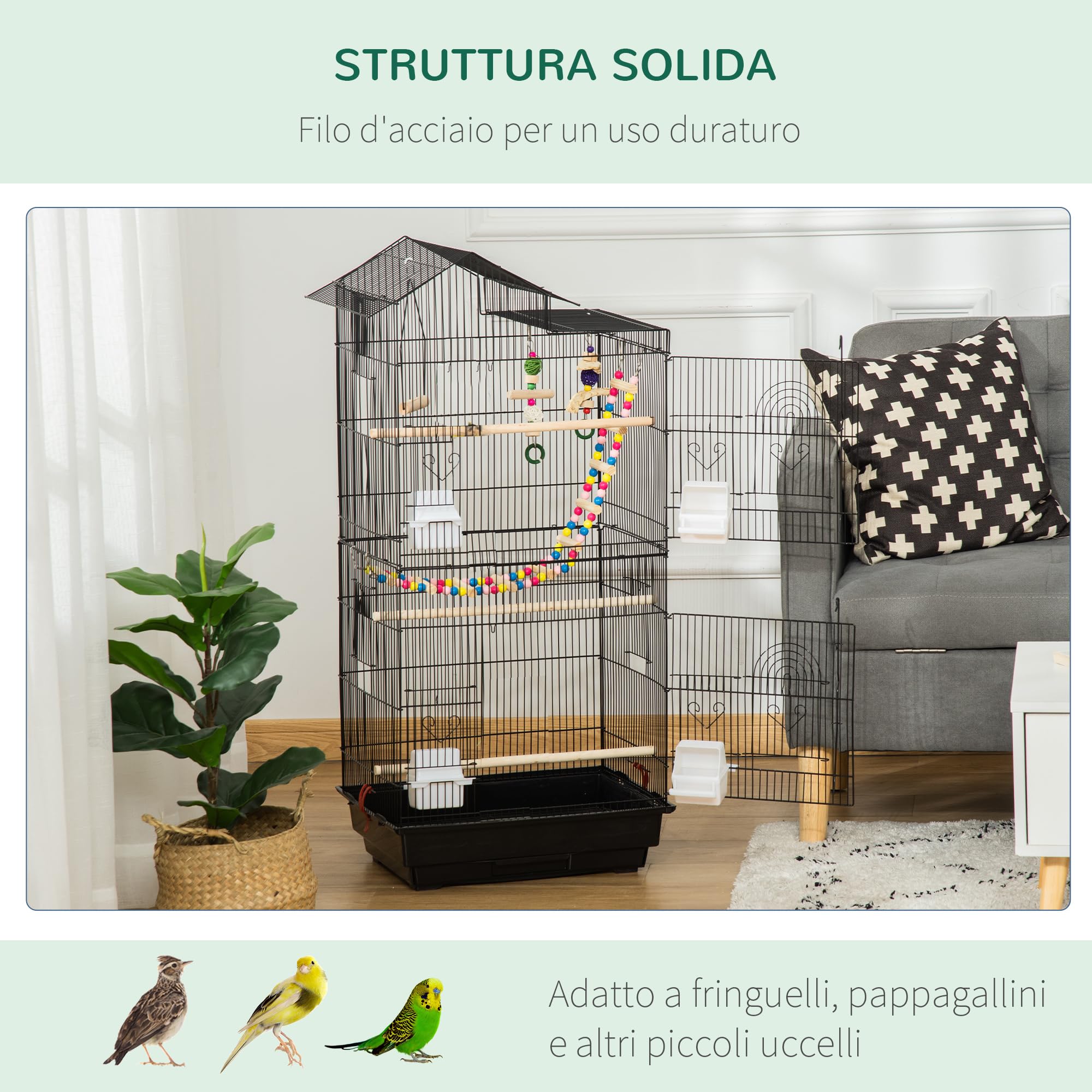 PawHut Gabbia per Uccelli, Voliera con Maniglia e Porte, Gabbietta con Altalena, Ciotole e Giochi, 46x36x100 cm, Nero