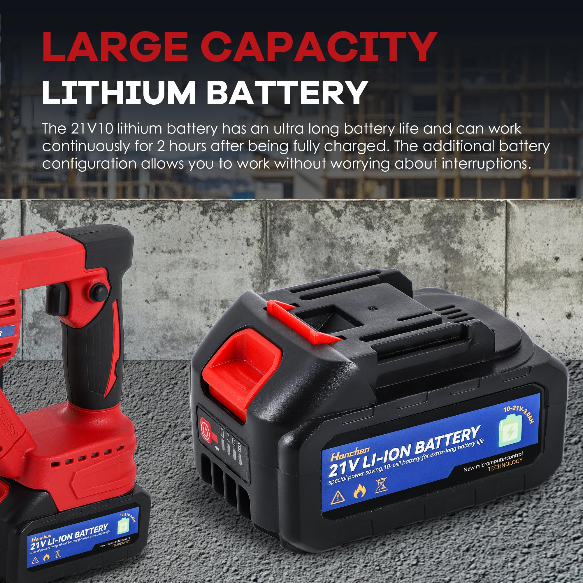 Hanchen Il vibratore elettrico per calcestruzzo 5000rmp senza fili può essere utilizzato come trapano con batteria agli ioni di litio da 21 V-3,0 Ah e caricabatterie, tubo vibrante Ø35 mm (con tubo da