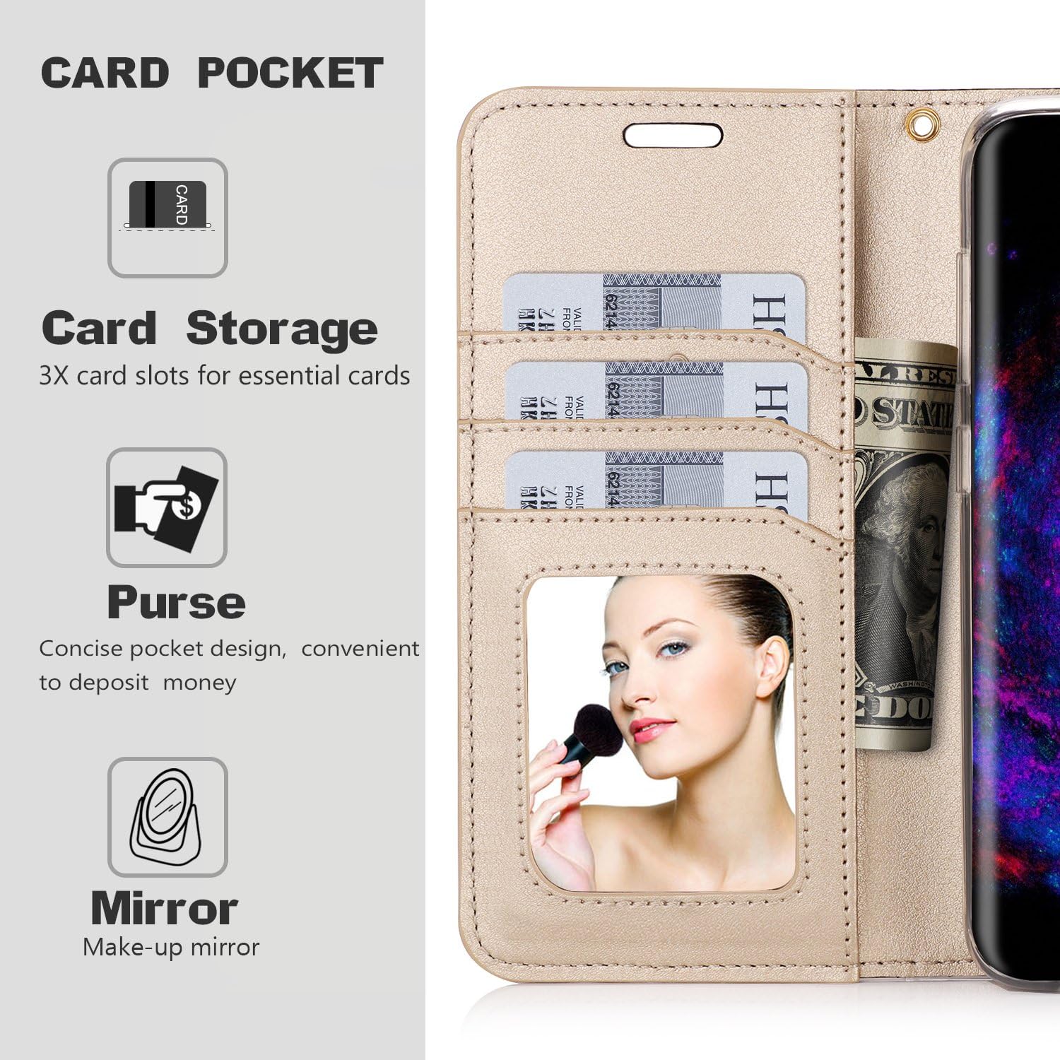 FYY Leather Case with Mirror for Samsung Galaxy S8, Leather Wallet Flip Folio Case with Mirror and Wrist Strap for Samsung Galaxy S8 Black