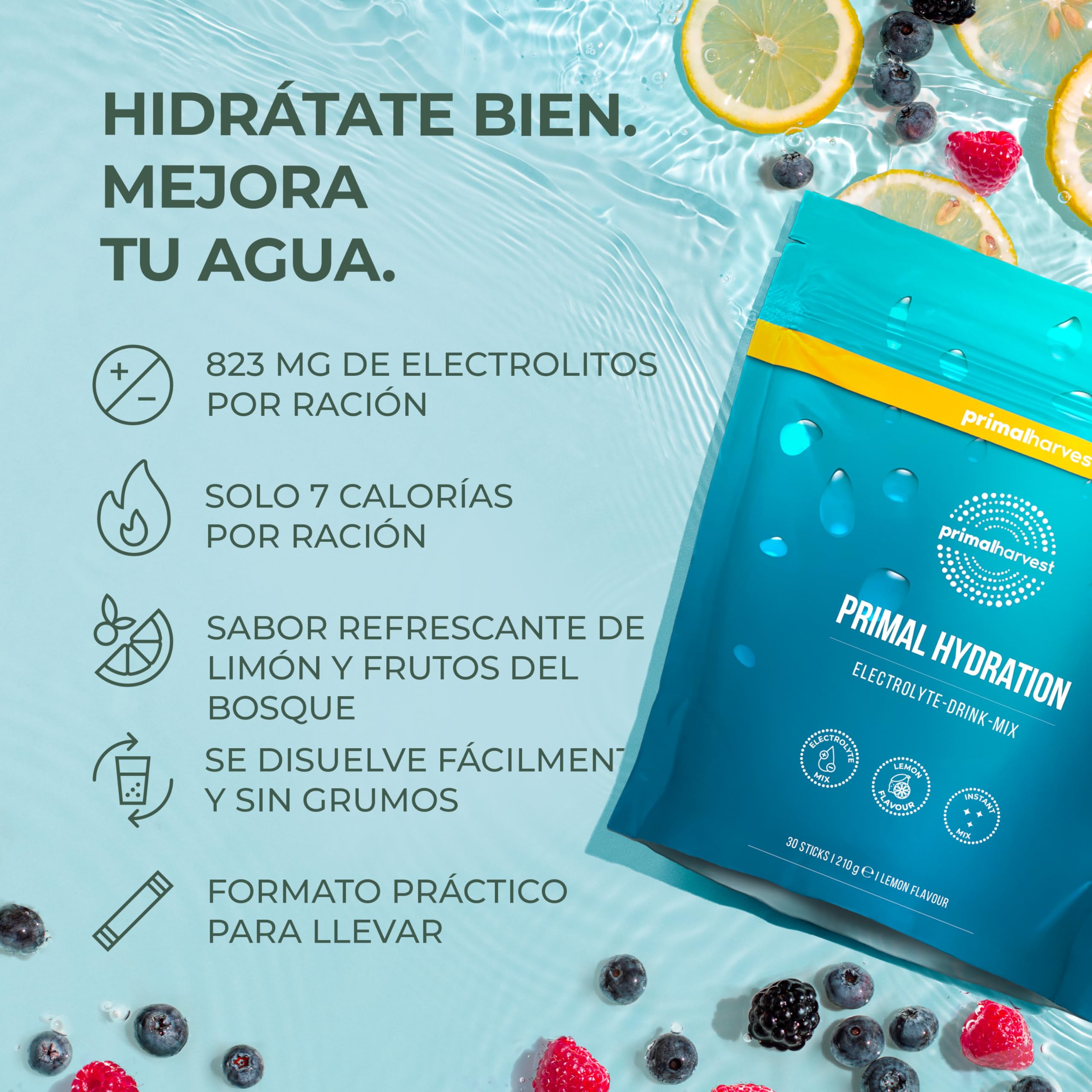 Primal Hydration de Primal Harvest - Bebida isotónica con electrolitos en sobres individuales, con Magnesio, Potasio y Vitamina C, ideal para hombres y mujeres, 30 raciones (1 Pack (30 Count))