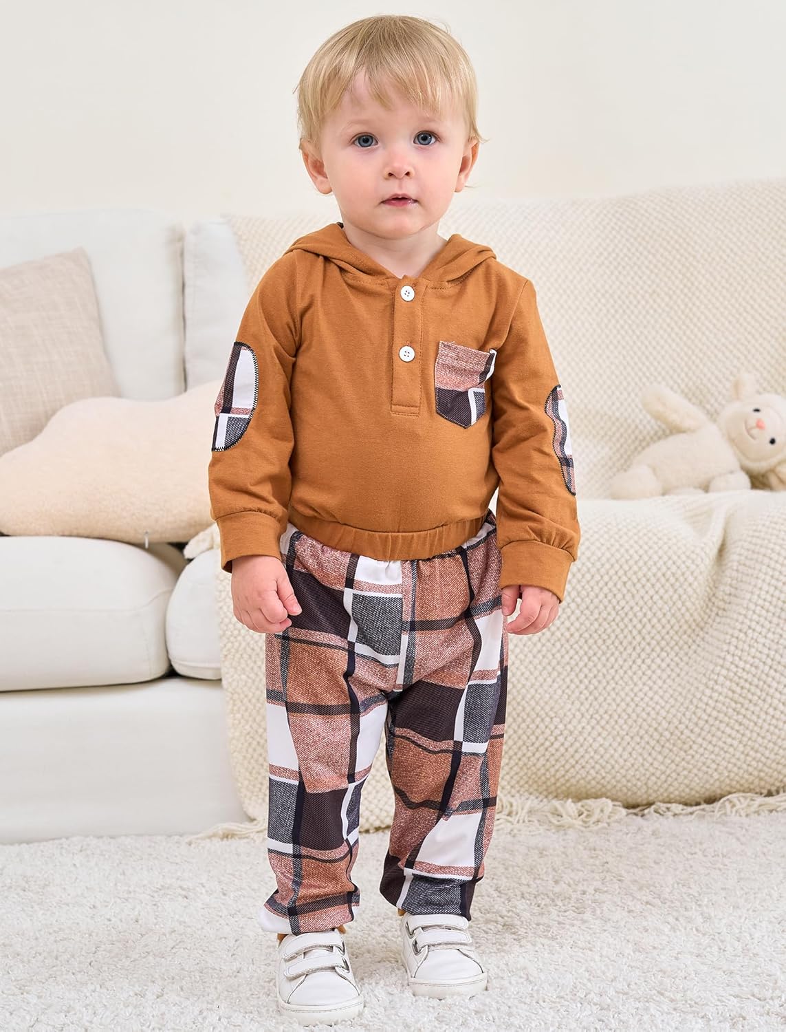 Baby Boy Clothes Long Sleeve Hoodie Romper and Plaid Pants Set Fall Winter Baby Boy Outfit 0–18 Months - Image 2