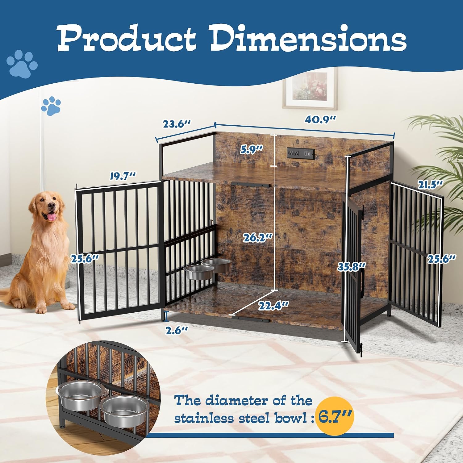 Grepatio 41" Dog Crate Furniture for Large Dogs, Wooden Dog Kennel with 360° Rotating Feeder Bowls and 3 Doors, Indoor Dogs Crates with USB Charging Station, Heavy Duty Medium Dog Cage