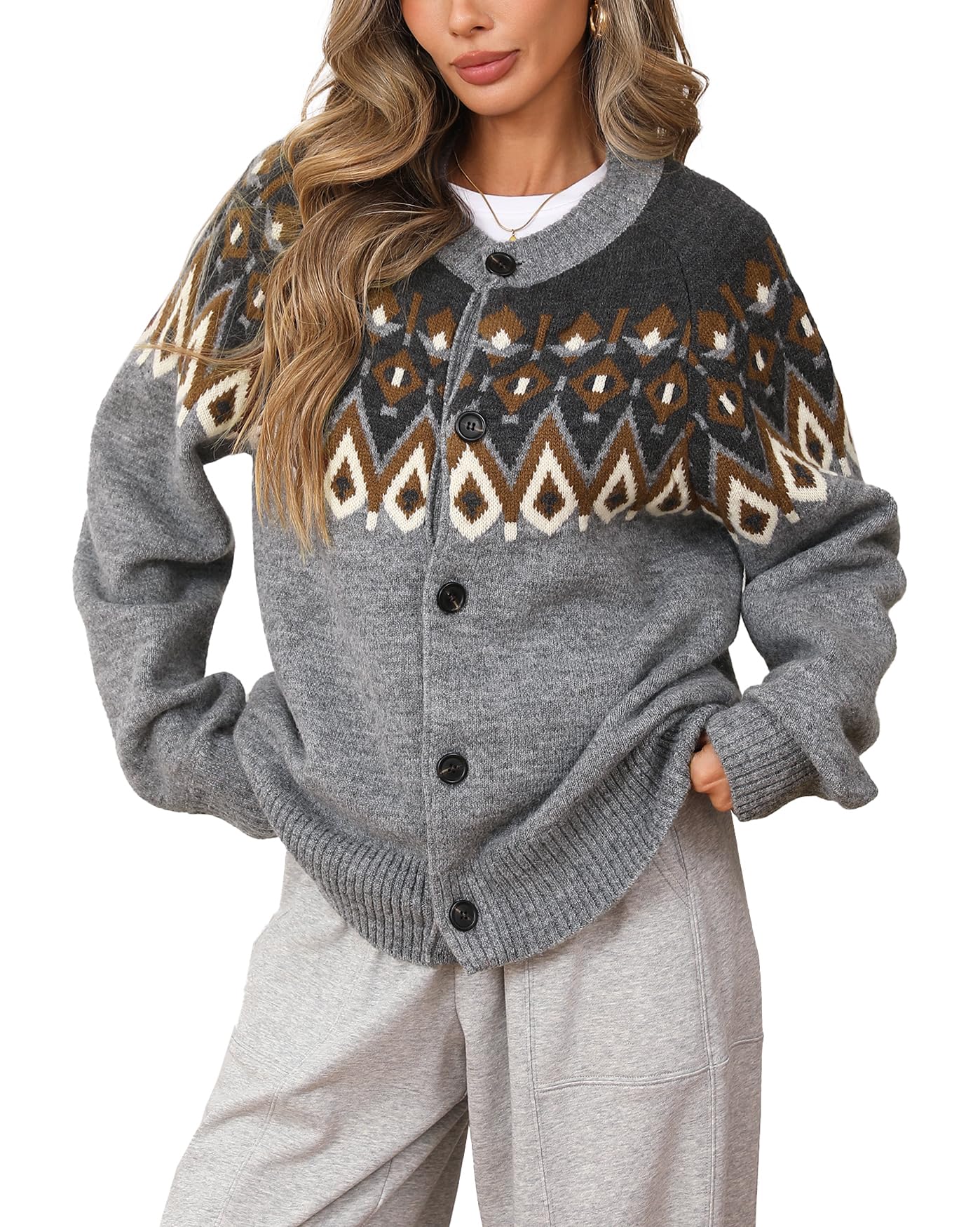 Womens Chunky Sweater Cardigan Crew Neck Long Sleeve Button Fron Fair Isle Christmas Sweater Coats