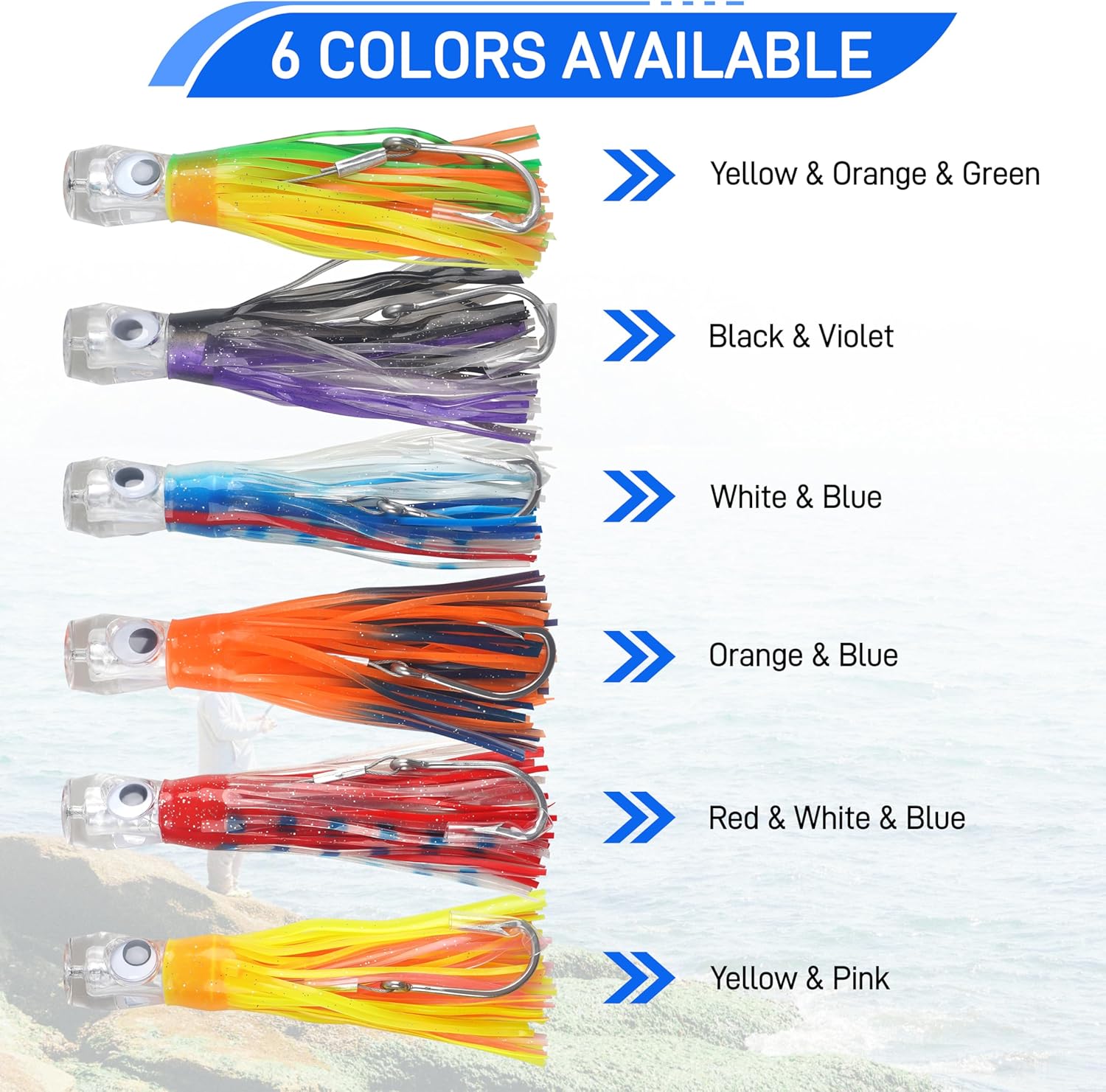 Saltwater Tolling Lures,6pcs Squid Skirt Deep Sea Fishing Lure Set Offshore Big Game Rigged Trolling Lures for Tuna Marlin Wahoo Shark Mahi Saltwater Fishing Gear