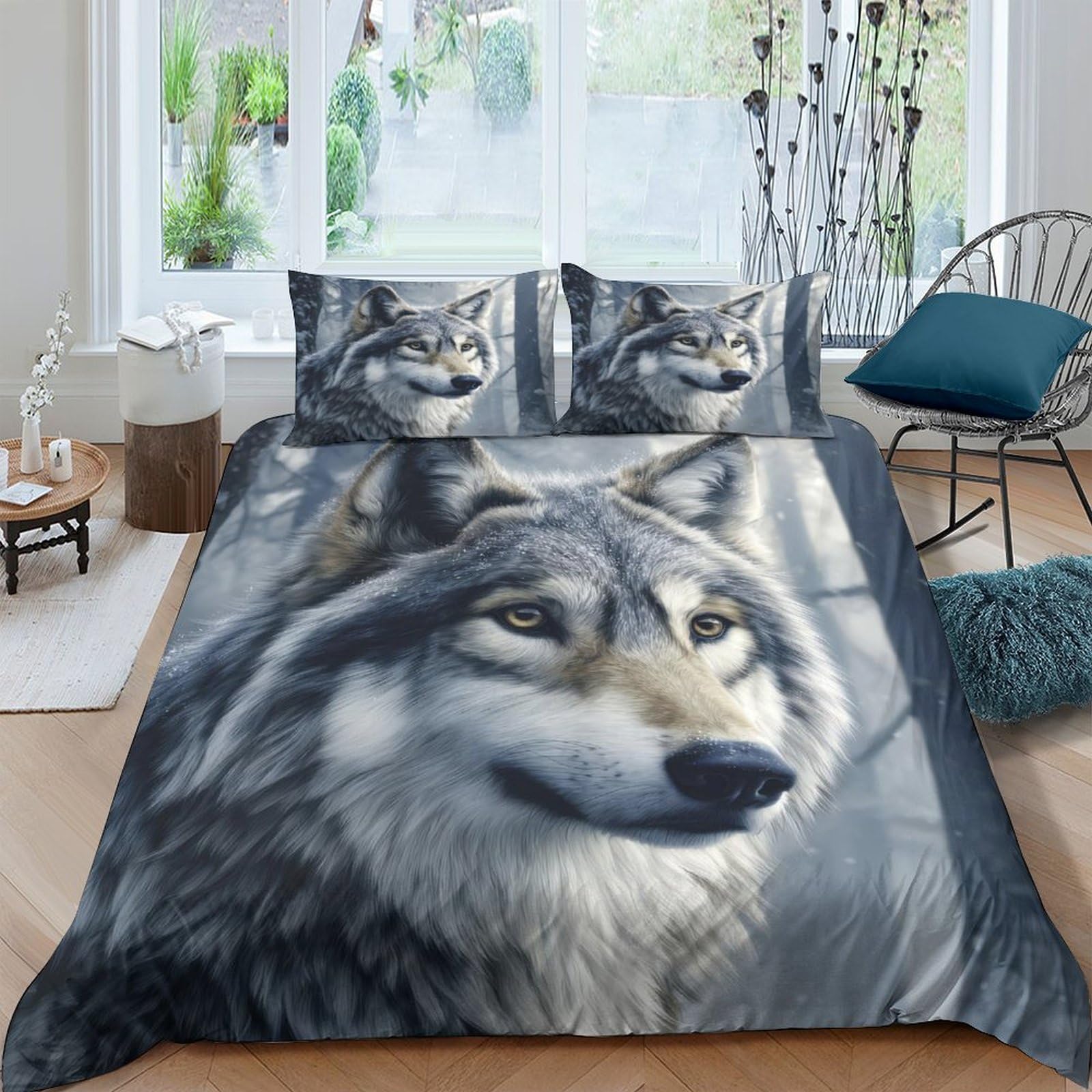 GPLZQXKJNH 3D Printed Wolf Forest Duvet Cover Microfiber Soft Breathable Howling Wolf Bedding Set with 2 Pillowcases for Bedroom Decor Single（135x200cm）