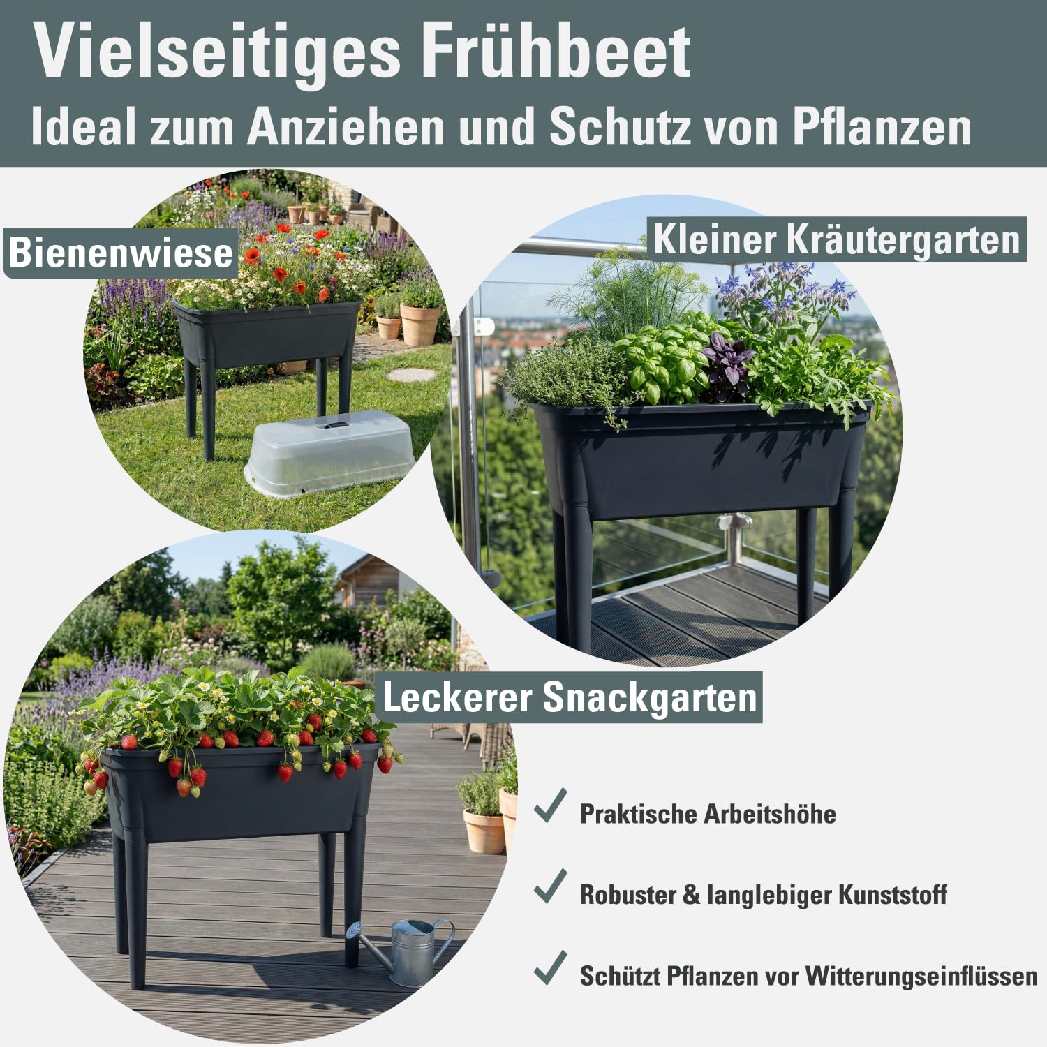 Prosperplast Jardinière surélevée Bloomo 78 x 82 x 37 cm avec pieds et couvercle amovibles | Jardinière surélevée pour jardin et balcon | en plastique robuste | Anthracite | résistant aux intempéries