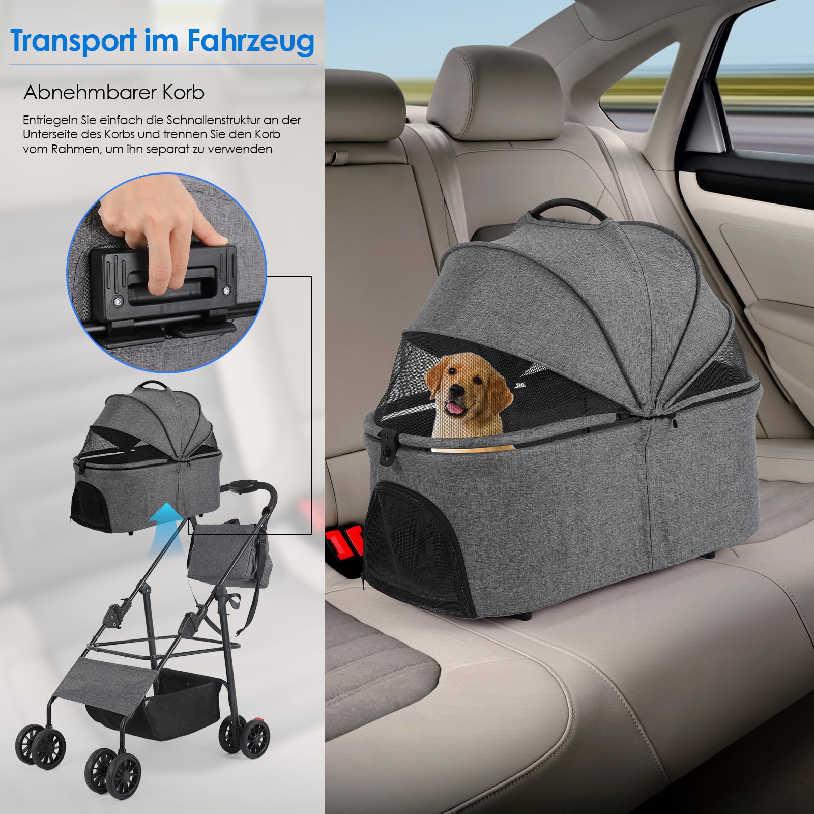 MAMIZO Passeggino per cani 3 in 1, fino a 30 kg, 4 paia di ruote doppie a 360°, con una borsa a tracolla, pieghevole per cani di piccola taglia e media, nido per animali domestici, tessuto di lino